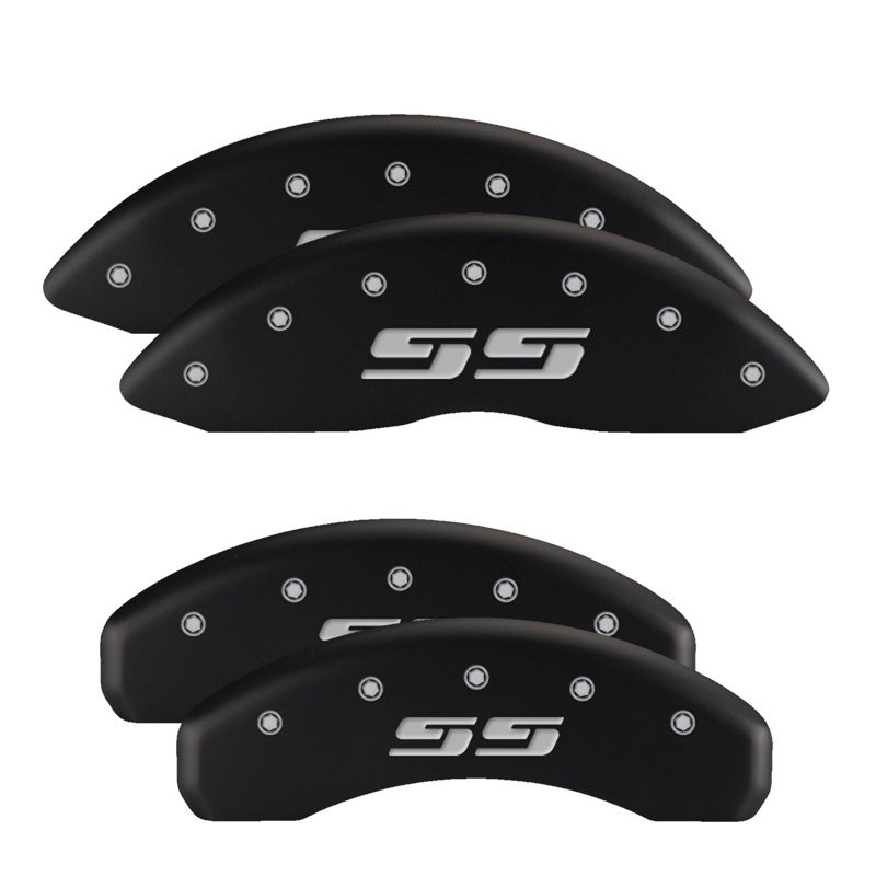 MGP 4 Caliper Covers Engraved Front & Rear Silverado Black finish silver ch