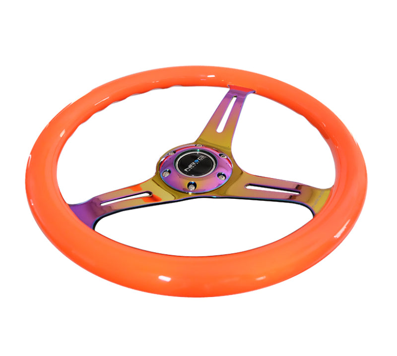 NRG Classic Wood Grain Steering Wheel (350mm) Neon Orange Color w/Neochrome Spokes