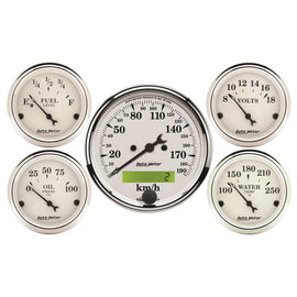 Autometer Old Tyme White 5 Pc Kit-Elec Speed(Km/H)/Elec Oil Press/Water Temp/Volt/Fuel Level