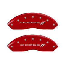 Load image into Gallery viewer, MGP 4 Caliper Covers Engraved Front &amp; Rear With stripes/Dodge Red finish silver ch