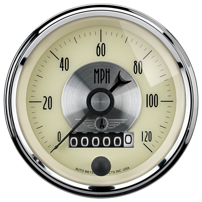 AutoMeter Gauge Speedo 3-3/8in. 120MPH Elec. Program W/Wheel Odo Prestige Antq. Ivory