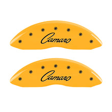 Load image into Gallery viewer, MGP 4 Caliper Covers Engraved Front &amp; Rear Cursive/Camaro Yellow finish black ch