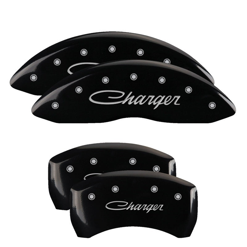 MGP 4 Caliper Covers Engraved Front & Rear Cursive/Challenger Black finish silver ch