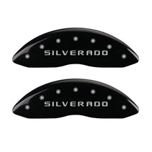 Load image into Gallery viewer, MGP Front set 2 Caliper Covers Engraved Front Silverado Black finish silver ch