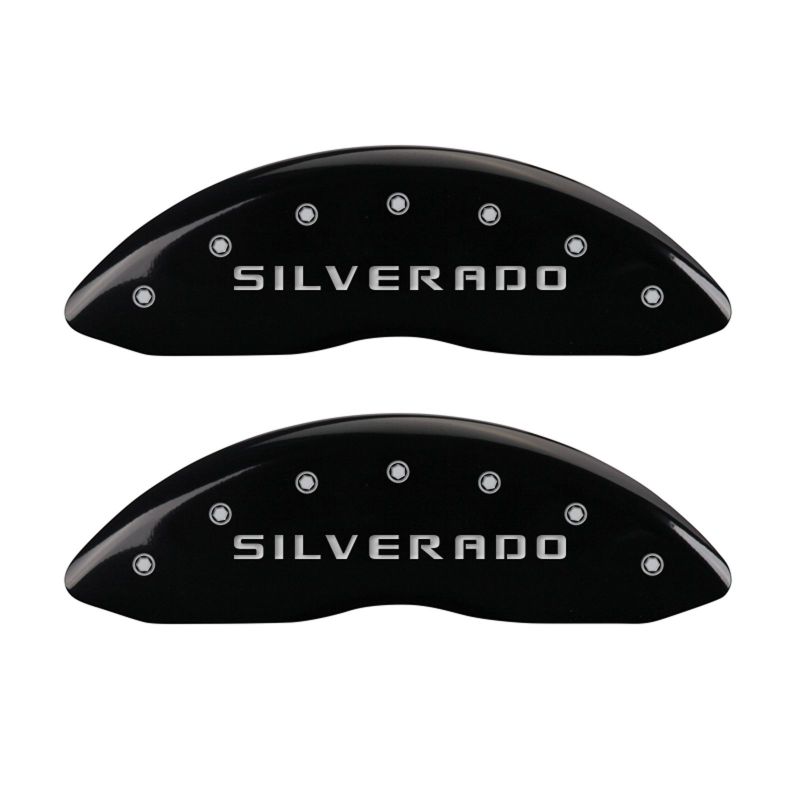 MGP 4 Caliper Covers Engraved Front & Rear Silverado Black finish silver ch