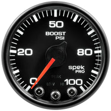 Load image into Gallery viewer, Autometer Spek-Pro Gauge Boost 2 1/16in 100psi Stepper Motor W/Peak &amp; Warn Blk/Blk