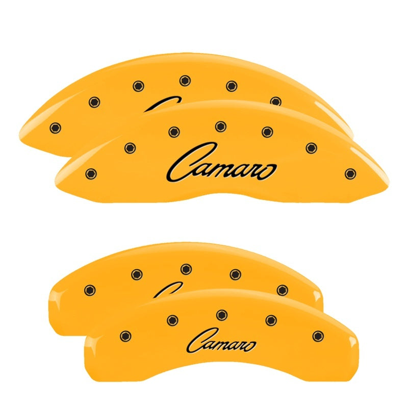 MGP 4 Caliper Covers Engraved Front & Rear Cursive/Camaro Yellow finish black ch