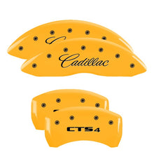 Load image into Gallery viewer, MGP 4 Caliper Covers Engraved Front &amp; Rear Cursive/Cadillac Yellow finish black ch