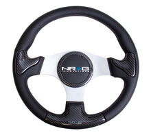 Load image into Gallery viewer, NRG Carbon Fiber Steering Wheel (350mm) Silver Frame Blk Stitching w/Rubber Cover Horn Button