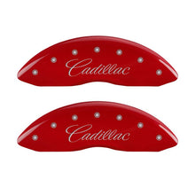 Load image into Gallery viewer, MGP 4 Caliper Covers Engraved Front Cursive/Cadillac Engraved Rear CTS4 Red finish silver ch