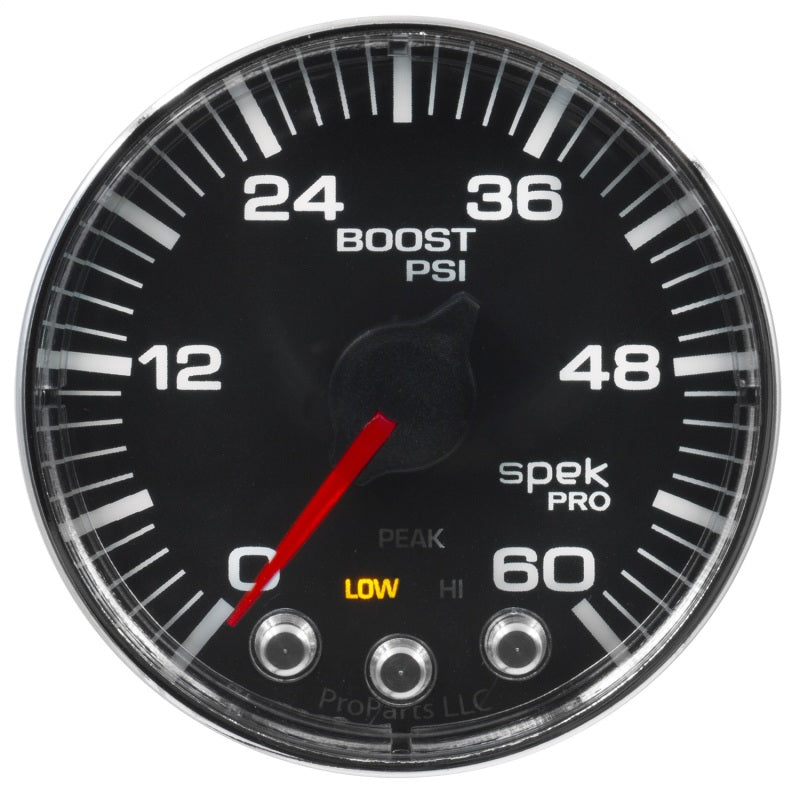 Autometer Spek-Pro Gauge Boost 2 1/16in 60psi Stepper Motor W/Peak & Warn Blk/Chrm