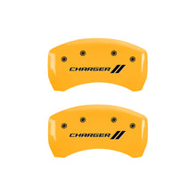 Load image into Gallery viewer, MGP 4 Caliper Covers Engraved Front &amp; Rear With stripes/Charger Yellow finish black ch