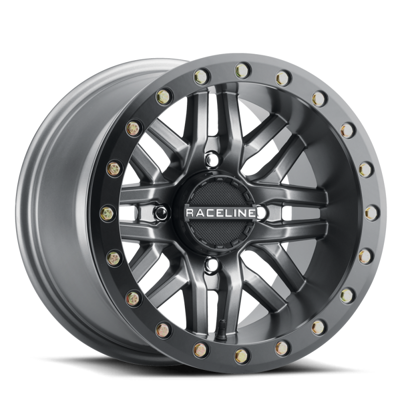 Raceline A91G Ryno 15x10in/4x156 BP/0mm Offset/132.5mm Bore - Gunmetal & Black Ring Beadlock Wheel