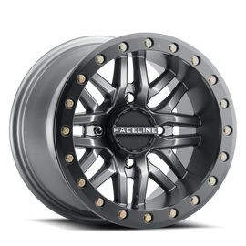 Raceline A91G Ryno 15x7in/4x137 BP/10mm Offset/110.18mm Bore - Gunmetal & Black Ring Beadlock Wheel