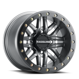 Raceline A91G Ryno 15x7in/4x137 BP/10mm Offset/110.18mm Bore - Gunmetal & Black Ring Beadlock Wheel