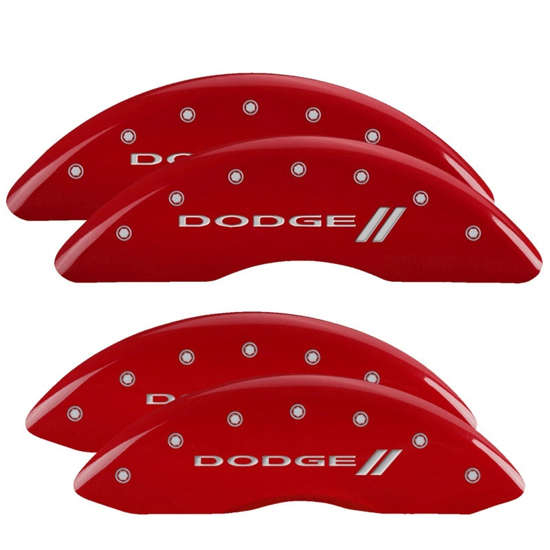 MGP 4 Caliper Covers Engraved Front & Rear With stripes/Dodge Red finish silver ch