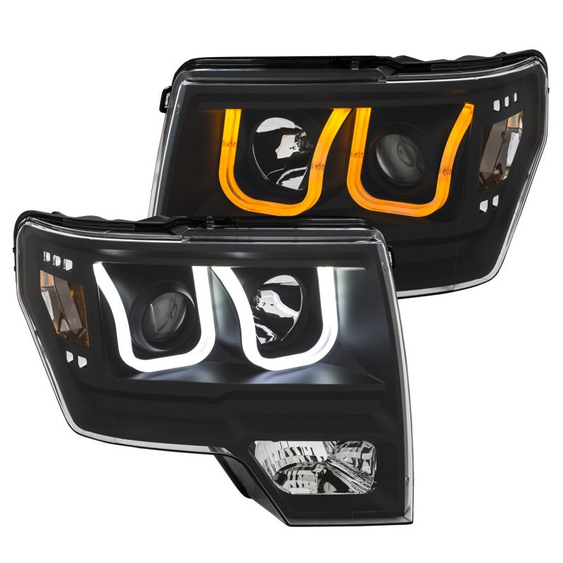 ANZO 2009-2014 Ford F-150 Projector Headlights w/ U-Bar Switchback Black w/ Amber